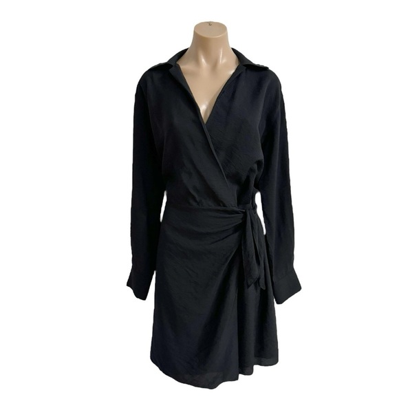 VINCE BLACK LONG SLEEVED WRAP HAMMERED WEAVE SHIRT DRESS SZ M - Picture 6 of 7